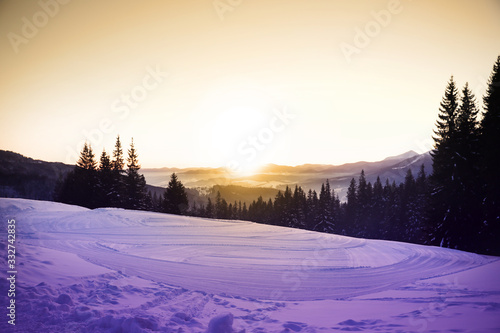 Picturesque view of snowy hill and conifer forest in winter