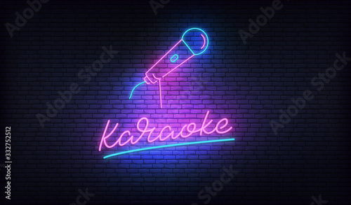 Karaoke neon billboard. Neon sign with microphone and Karaoke lettering