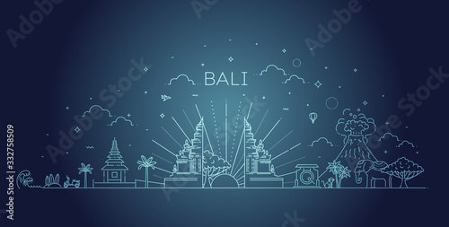 Bali travel banner with famous landmarks. Vector illustration