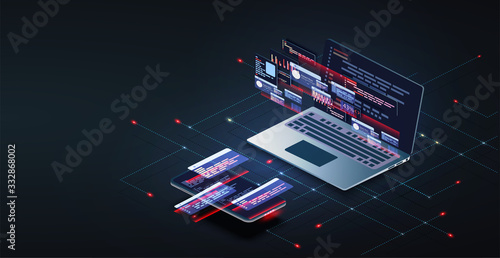 Programming and software development web page banner, program code on screen device. Software development coding process concept. Programming, testing cross platform code, app on laptop, phone UI/UX