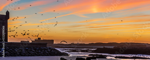 Panorama view of the silhouette from the old Fort Essaouira, Sqala du Port, at sunset, blue sky, background with flying Seagulls in Essaouira, Morocco