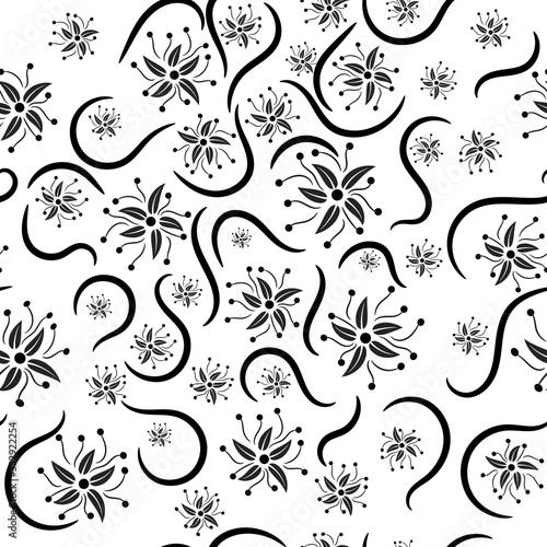 repeating pattern with flowers and curls of black color with a transparent background