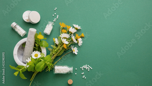 Homeopathy, globules and herbs on green background