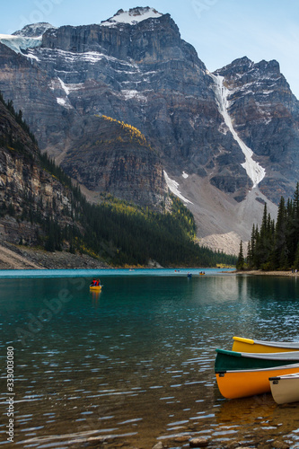 a view across Moraine Lake in the Canadian Rockies