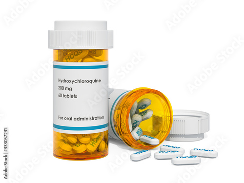 Medical bottle with hydroxychloroquine HCQ pills, 3D rendering