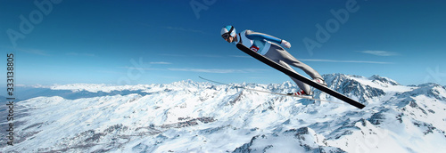 Ski jumping over the mountain slope with blue sky