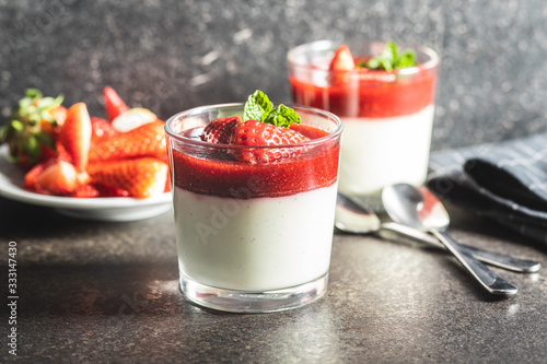 Italian dessert panna cotta with strawberries