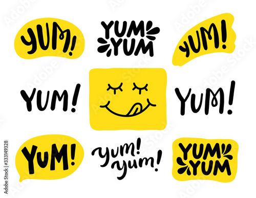 Yum Yum words set. Printable graphic tee. Design doodle for print. Vector illustration. Colorful. Cartoon hand drawn calligraphy style. Yellow Black and white