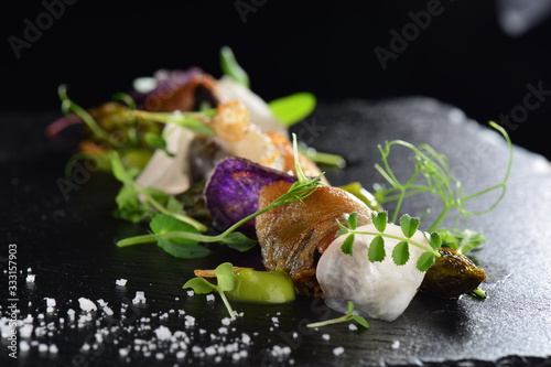 Haute cuisine, Gourmet food scallops with asparagus and lardo bacon