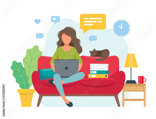 Home office concept, woman working from home sitting on a sofa, student or freelancer. Cute vector illustration in flat style