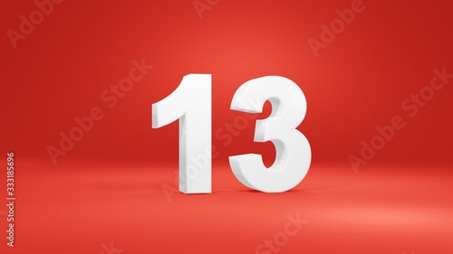 Number 13 in white on red background, isolated number 3d render
