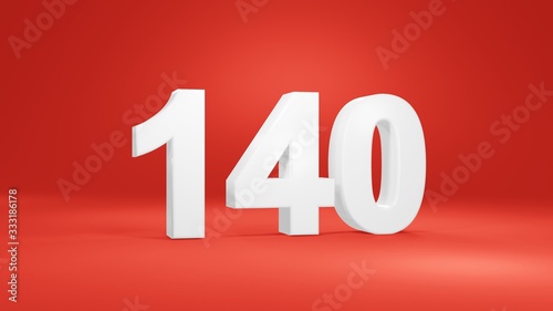 Number 140 in white on red background, isolated number 3d render