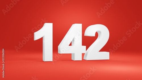 Number 142 in white on red background, isolated number 3d render