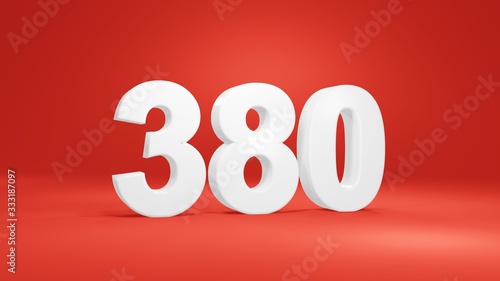 Number 380 in white on red background, isolated number 3d render