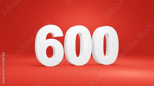 Number 600 in white on red background, isolated number 3d render