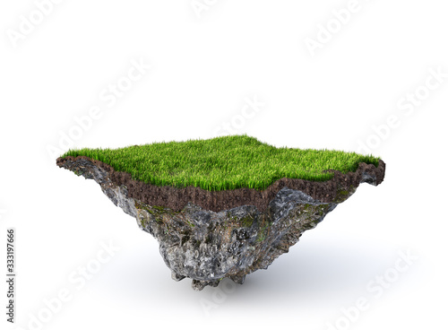 Empty flying island. Piece of ground isolated on a white background. 3d illustration