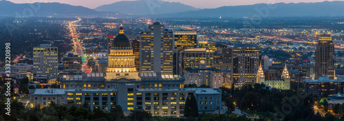 Nighttime panoramic overlooking the capitol building and Salt Lake City skyline