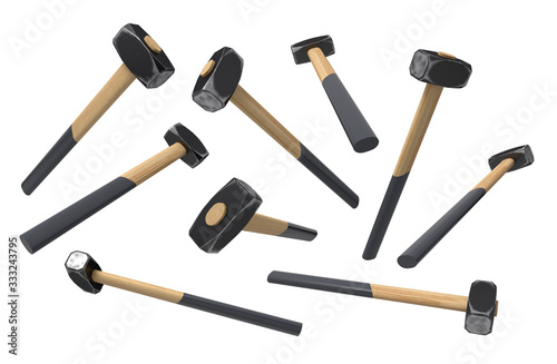 3d rendering of set of sledge hammers isolated on white background