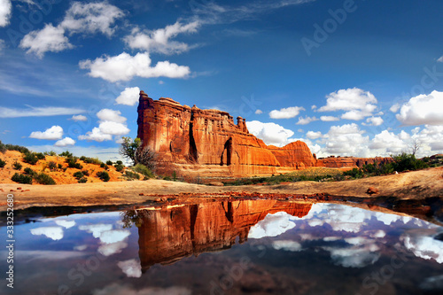 Arches National Park Utah, desert landscape with red rock reflection, panorama