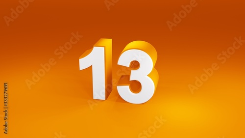 Number 13 in white on orange gradient background, isolated number 3d render