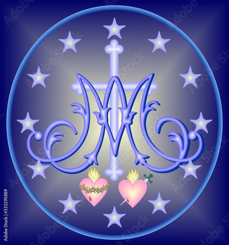 Religious medal of the Immaculate Conception, baroque monogram M, the Cross, symbols of two hearts, surrounded by twelve stars