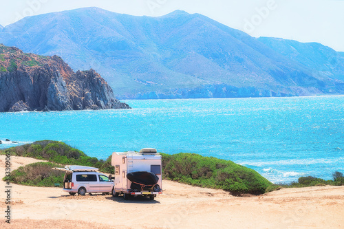 Car and Camper at Capo Pecora Mediterranean sea Sardinia