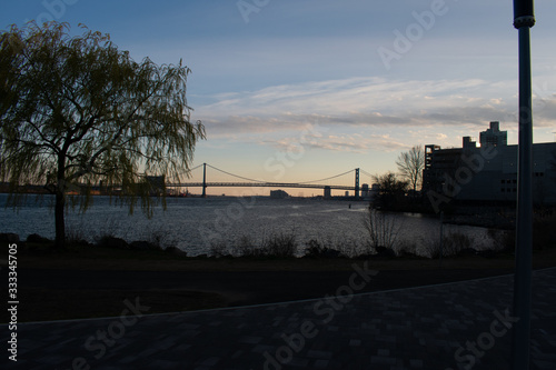 The View of the Penn Treaty Park of the Ben Franklin Bridge at Sunset