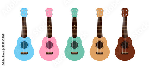 ukulele cute collection isolated on white, small ukelele pastel color for flat icon, realistic ukelele set for classical music play, ukulele classic retro style in holiday summer concept, small guitar