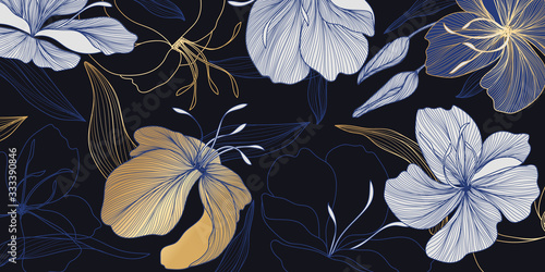 luxury vintage floral line arts golden wallpaper design. Exotic botanical wallpaper, vintage boho style for textiles, fabric, paper, banner website, cover design Vector illustration. 