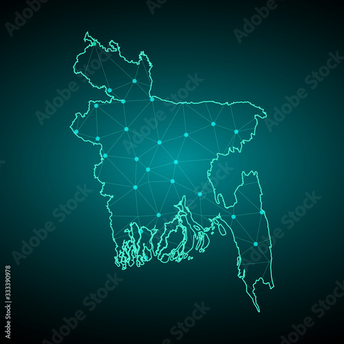 Map of Bangladesh from Polygonal wire frame low poly mesh, contours network line, luminous space stars, design sphere, dot and structure. Vector Illustration EPS10. - Vector