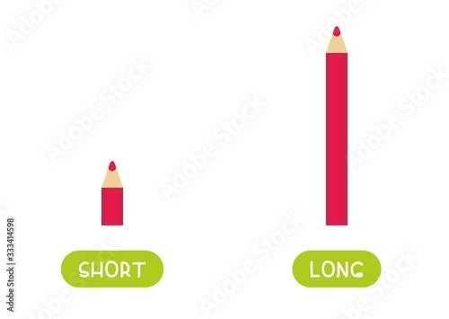 Huge and tiny pencils illustration with typography. Short and long antonyms word card flat vector template. Flashcard for english language learning. Big and small opposites concept. 