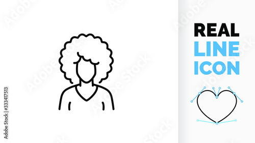 Vector real line icon of Afro American woman or girl with African curly hair or afro haircut of a black or brown skin colour lady depicting a race in iconic black stroke graphic design illustration 