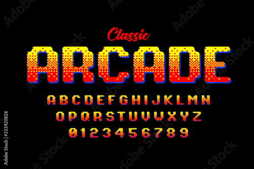 Retro style arcade games font, 80s video game alphabet letters and numbers