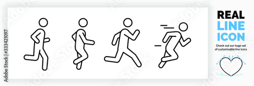 Editable real line icon set of a boy stick figure running fast and jogging in a outline design in modern black lines on a clean white background as a EPS vector file