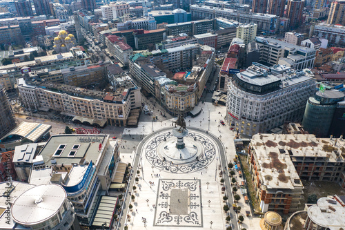 Aerial view of the main square in Skopje, Macedonia. Drone shot of Skopje city center