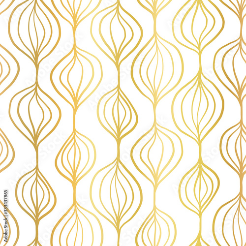 Gold foil abstract organic ornamental vertical floral vector pattern. Contemporary metallic golden mod art organic repeating shapes background. Modern elegant backdrop hand drawn lines. 