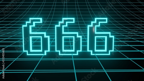 Number 666 in neon glow cyan on grid background, isolated number 3d render