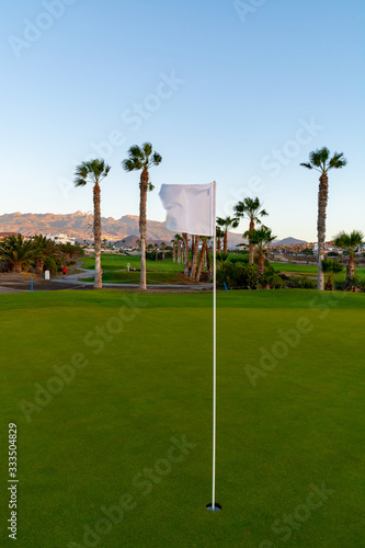 Excellent well-kept green grass lawn on large golf course, green section with white pin on Tenerife island, Canary, Spain