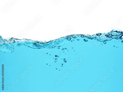 blue water surface with splash, waves and air bubbles on white background 