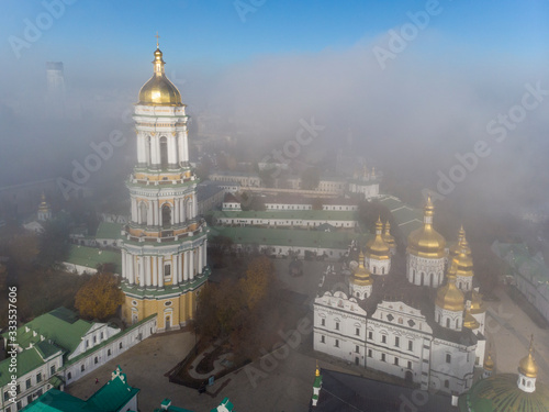 Beautiful, foggy, morning, autumn top view of the Kiev Pechersk Lavra. Kiev.