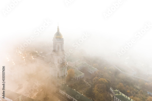 Beautiful, foggy, morning, autumn top view of the Kiev Pechersk Lavra. Kiev.