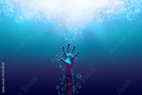 a drowning hand surrounding with bubbles in coronavirus shape, idea, conceptual images about the pandemic of coronavirus.