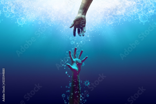 a helping hand saving the drowning victim from the coronavirus, the bubbles in coronavirus shape, idea, conceptual images.