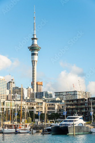 The sky tower view from Viaduct Harbour in the central of Auckland, New Zealand. Auckland is New Zealand's largest city and the centre of the country's retail and commercial activities.