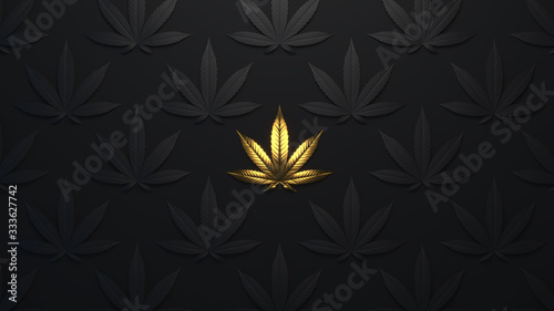 Luxury golden background with cannabis leaves. Minimal trendy design wallpaper marijuana. Black and gold leaves cannabis.3d render. 3d illustration.