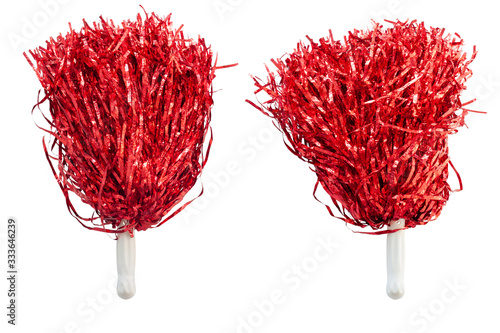 Red pompoms for cheerleaders hold sports cheer isolated on white background.