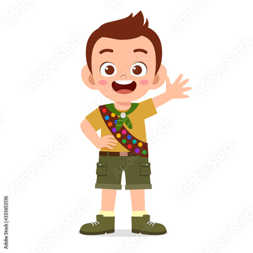 happy cute little kid boy wear scout uniform