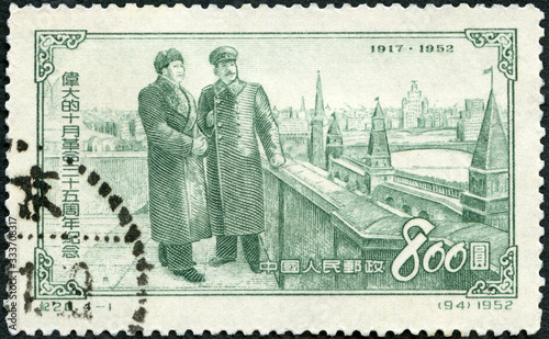 CHINA - 1953: shows Joseph Vissarionovich Stalin Jughashvili (1878-1953) and Mao Zedong Chairman (1893 - 1976), on Kremlin Terrace, 1953