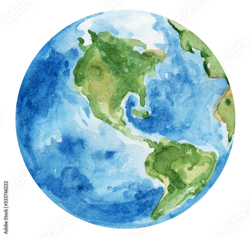 Watercolor hand painted planet Earth on white background. Can be used for pattern, stickers, decoration. Green and blue colors