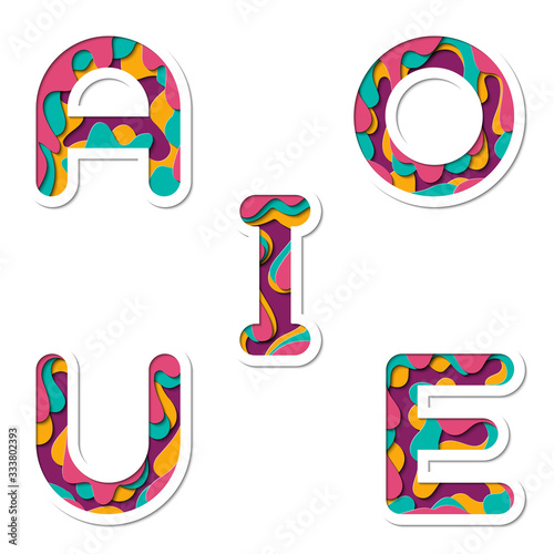 Paper cut vowel set. Realistic 3D multi layers papercut effect isolated on white background.